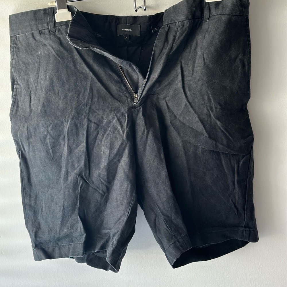 VINCE Black Flat Front Linen/Cotton Shorts
